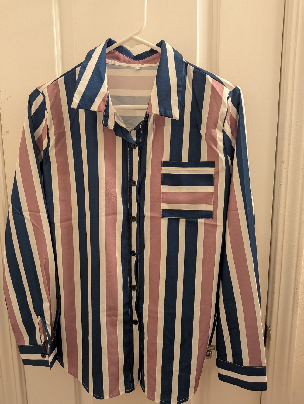 Striped Button-Up Shirt in Blue, Pink & White